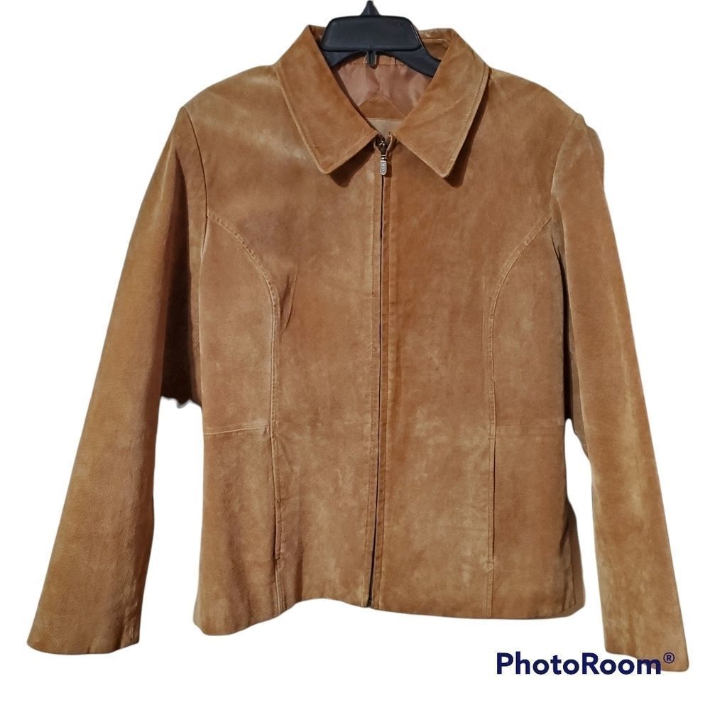 Relativity 100% suede leather tan full zip front womens jacket size large